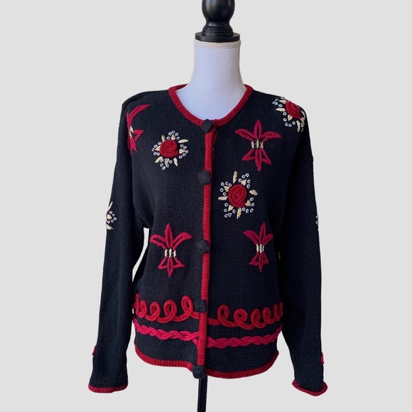 VINTAGE AMANDA SMITH EMBROIDERED EMBELLISHED FLORAL CARDIGAN SWEATER - Picture 8 of 16